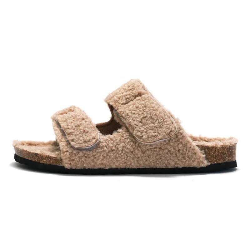 KIDMI Plush Lining Women's Velcro Non-slip Indoor Flat Slides Furry Warm Cozy Slippers With Arch Support