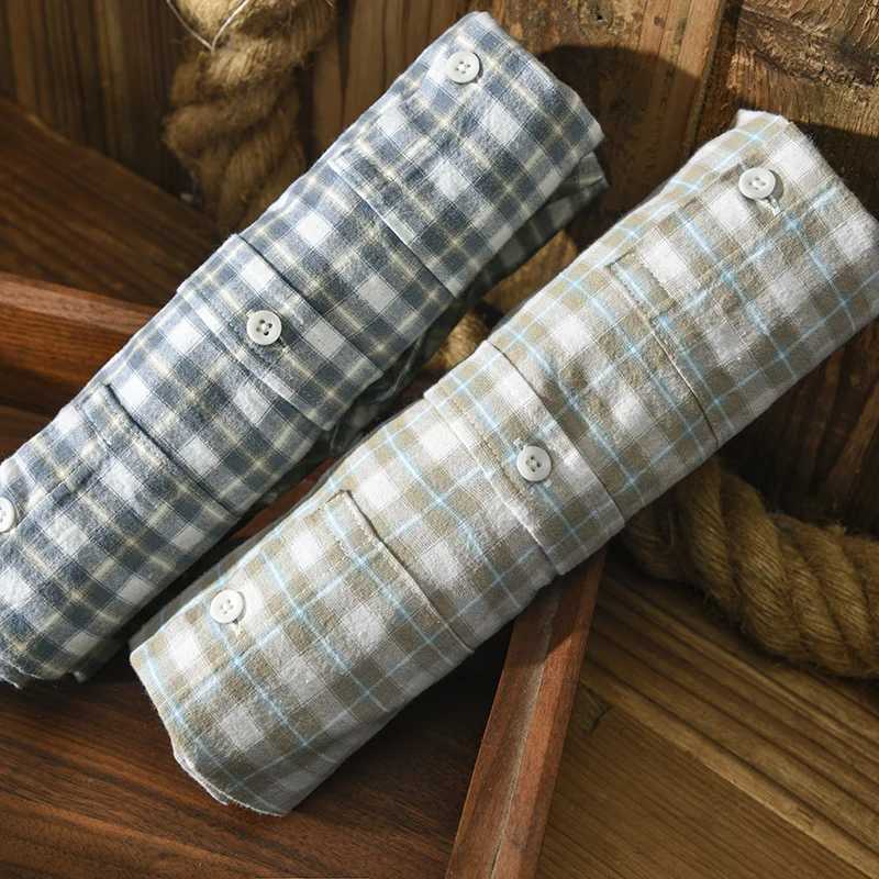 2026 Spring Autumn New Men Shirts Casual Plaid Long Sleeve Cotton Shirt Thick Retro Multi-pocket Blue Workwear M260305