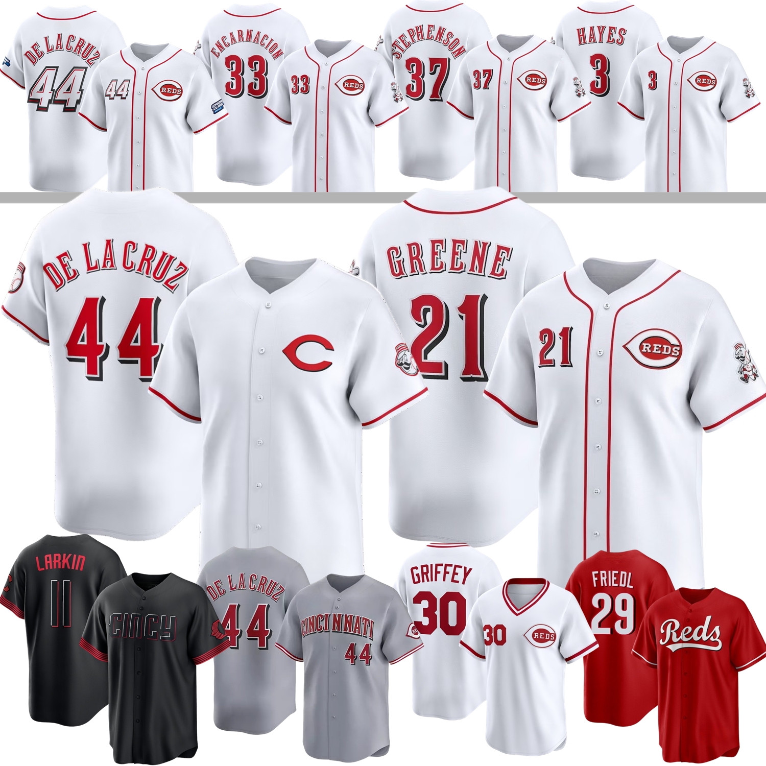 Reds Baseball Jersey Elly De La Cruz Hunter Greene TJ Friedl Nathaniel Lowe Eugenio Suarez Sal Stewart McLain Ken Griffey Bench Pete Rose Larkin Singer Burns Lowder