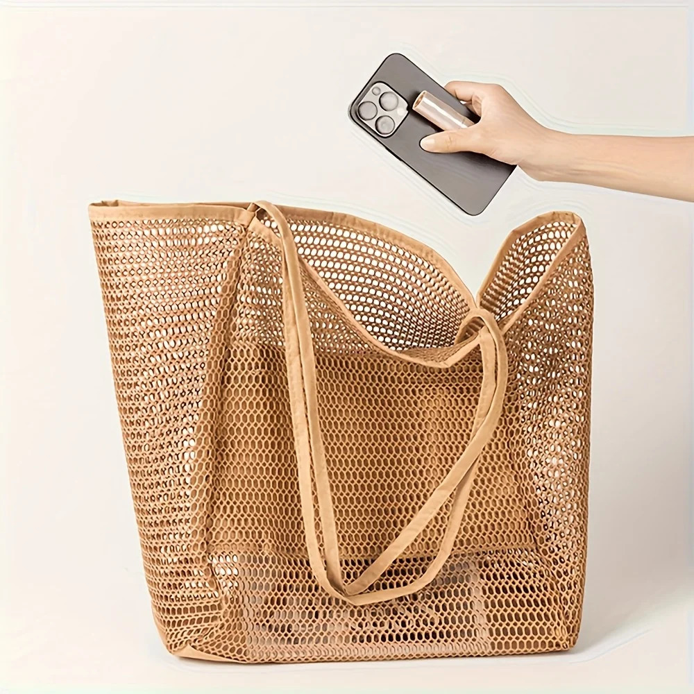 Womens Large Capacity Beach Tote Bag - Durable Polyester Woven Shoulder Bag with Open Top for Travel Shopping 260303