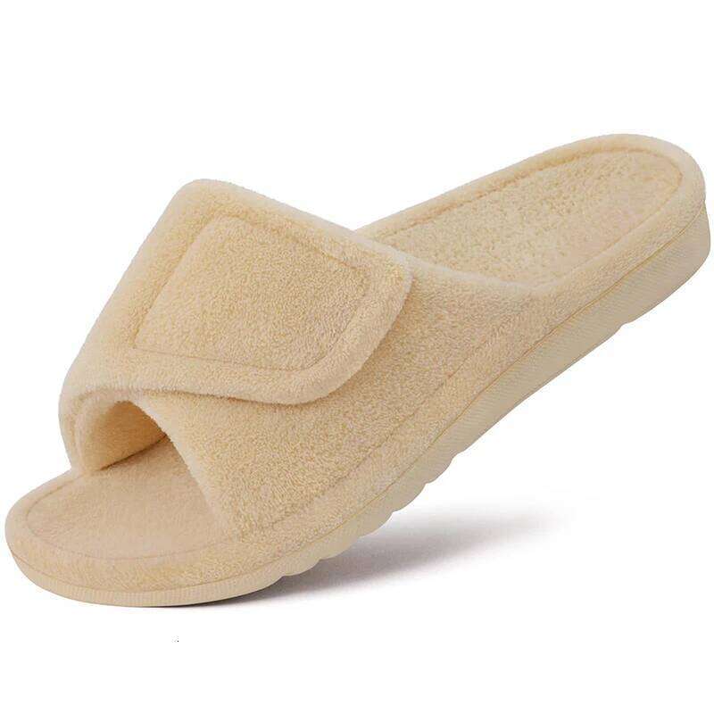 Kidmi New Women's Coral Fleece Orthopedic Slippers with Arch Support Velcro Adjustable Open Toe Home Shoes for Plantar Fasciitis