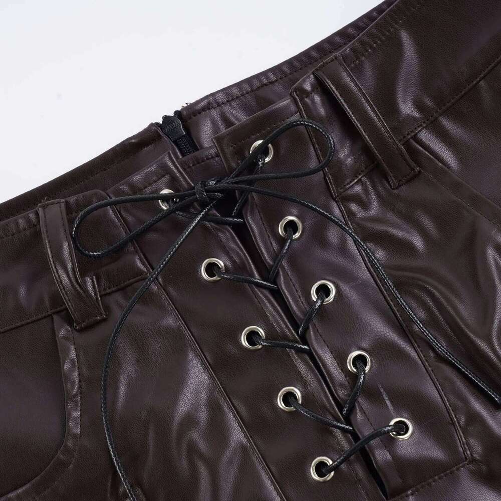 Y2K Spice Girl Splicing Drawstring Strap Zipper Pu Leather Shorts Women XJ260305