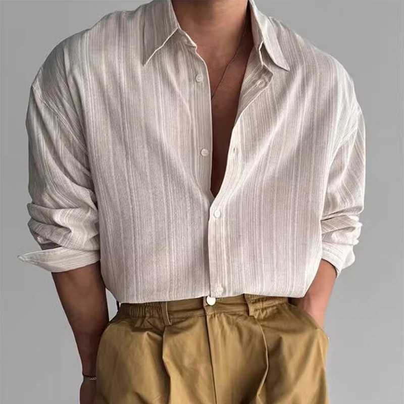 Vintage Mens Striped Printed Shirt Long Sleeve Turn-down Collar Buttoned Shirts Autumn New Casual Slim Fit Men Cardigan Shirts g52 M260305