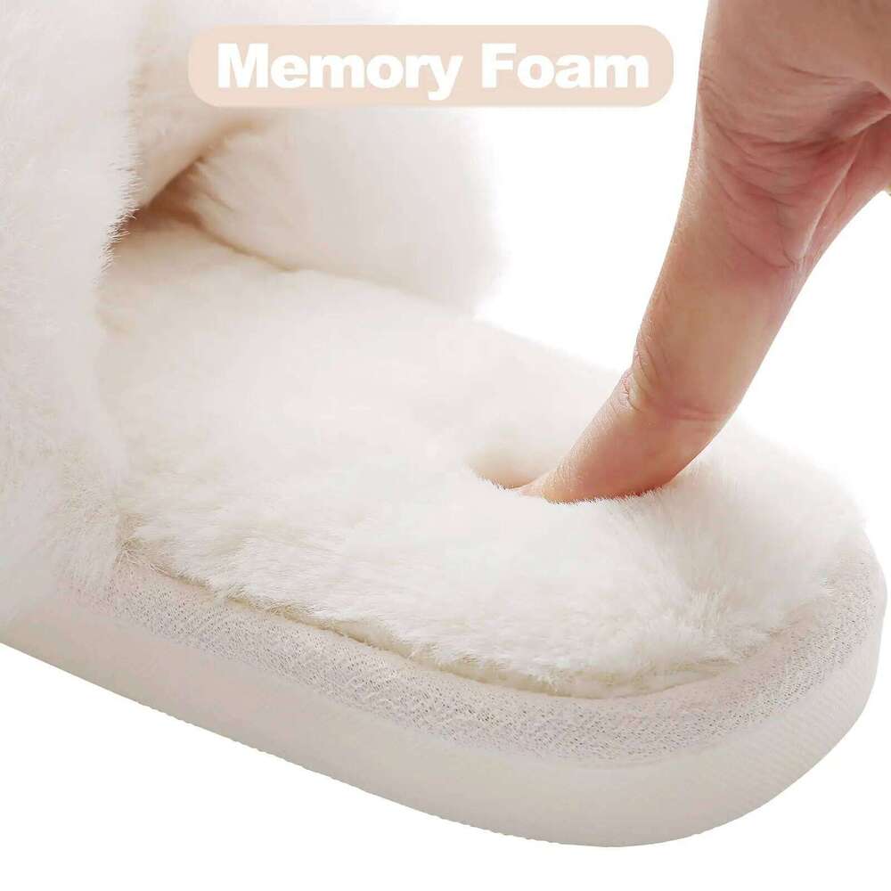 Kidmi Women's Fuzzy Cross Band Memory Foam House Open Toe Flat Casual Indoor Soft Slippers Female
