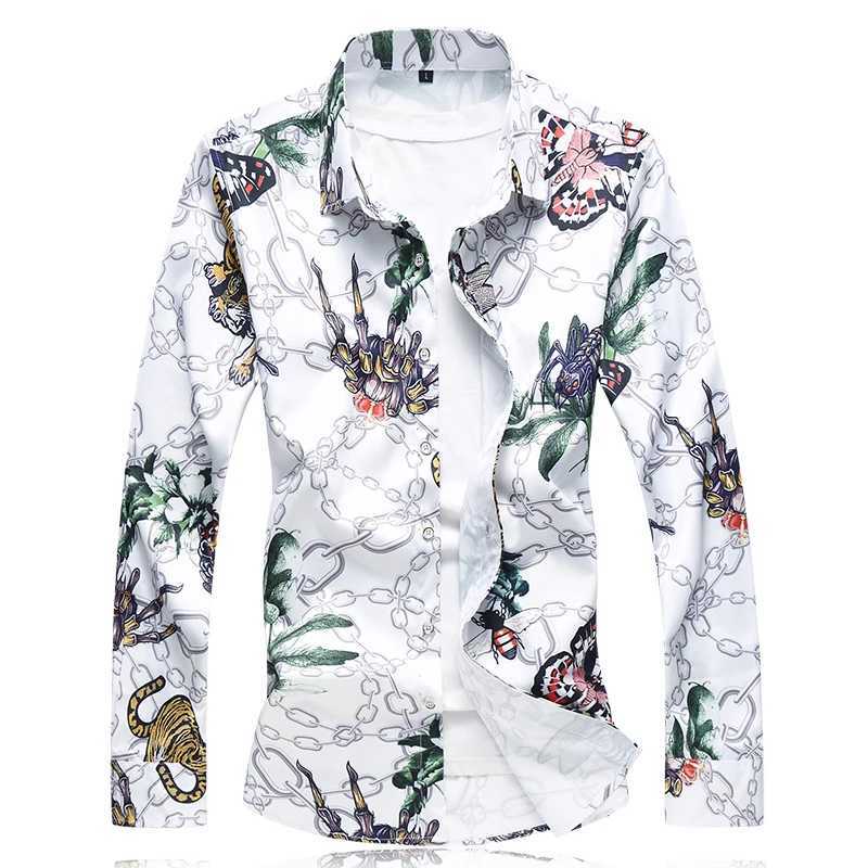 White Men Long-sleeves Printed Shirt Asian Size Loose Fit Shirts Fashion Casual Chemise Single-breasted Lapel Camisa M-7XL M260305