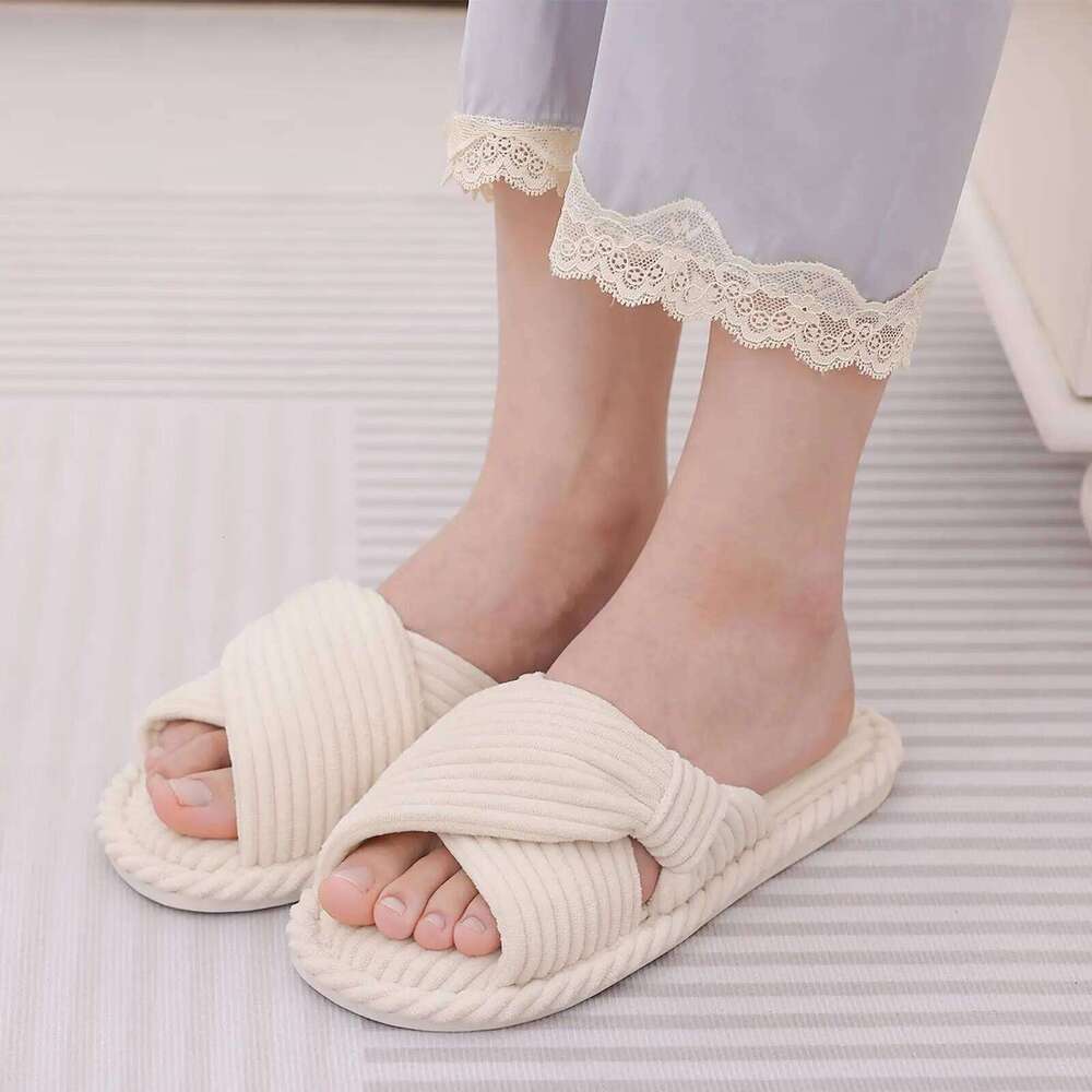 Kidmi Corduroy Women Indoor Open Toe House Shoes Memory Foam Slides With Adjustable Bow Strap Spring New Lady Slippers