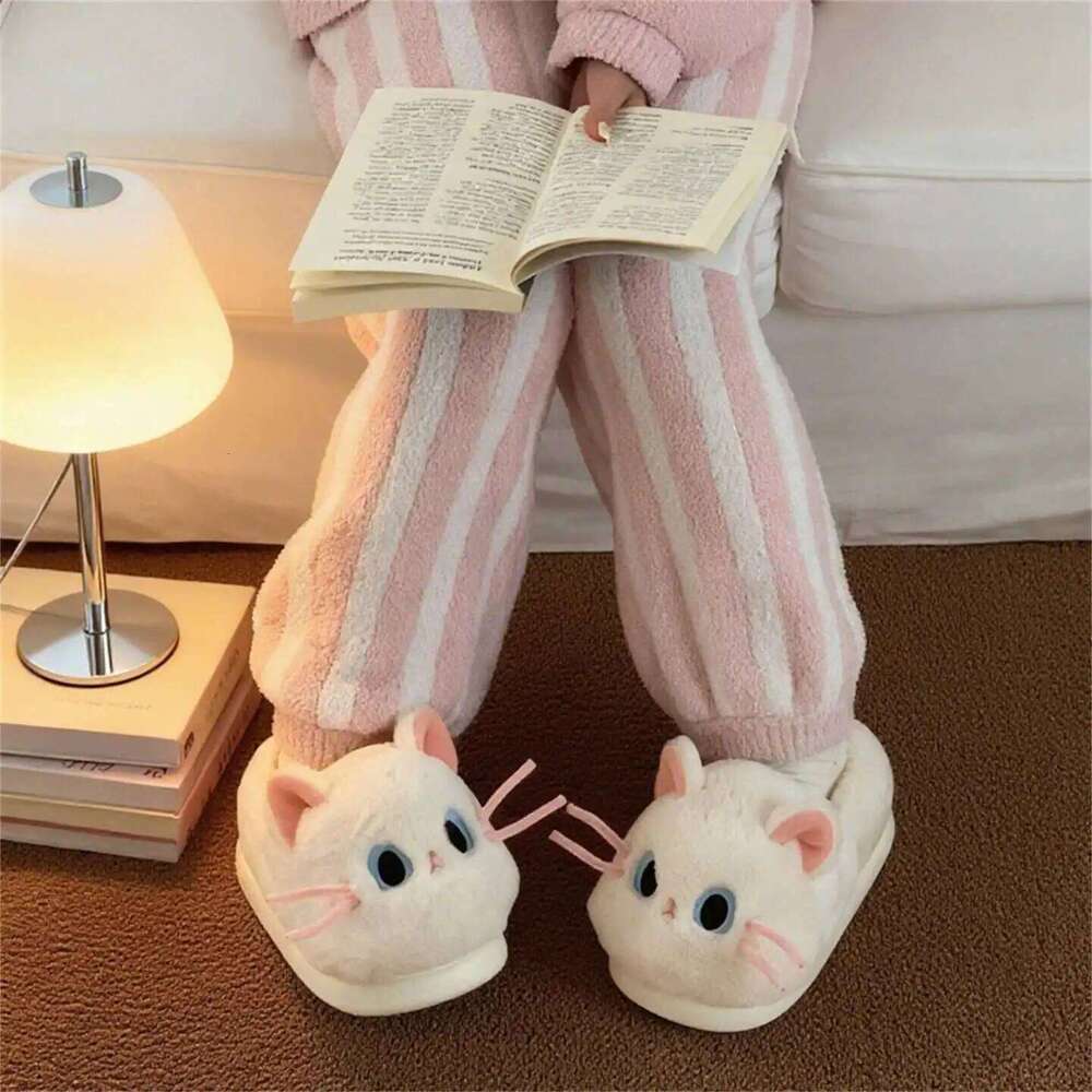 Women Indoor Fluffy Slippers Cute Cartoon Cat Girls Winter Warm House Shoes Soft Faux Fur Thick Sole Female Home Cotton Slides