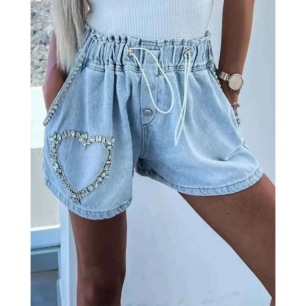 Rhinestone Heart Pattern Drawstring Denim Women Fashion Spring Summer Jeans Shorts Pants XJ260305