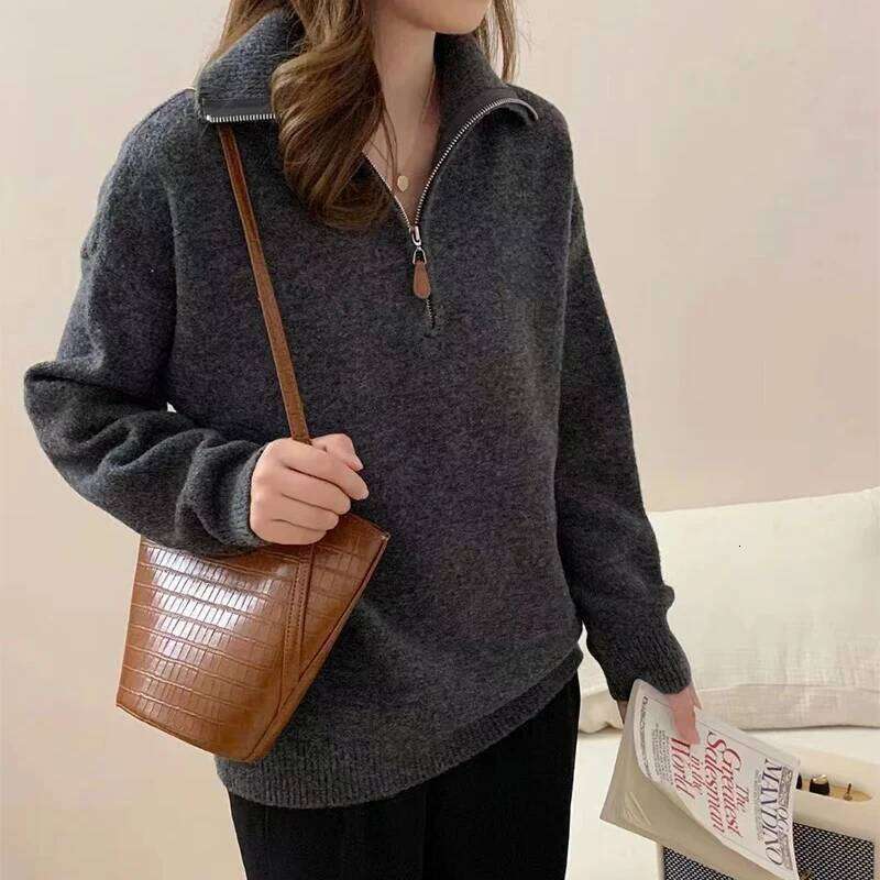 Korean Half Zip-Up Sweater Women Retro Loose Sporty Knitted Pullover ladies Autumn Winter thicken warm Long Sleeve knit Jumpers XJ260305