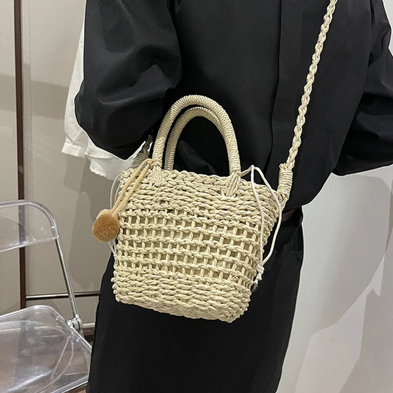 Grass Woven Rattan Storage Basket Crossbody Bag Handmade Straw Woven Basket Small Handbags Beach Shoulder Bag 260303