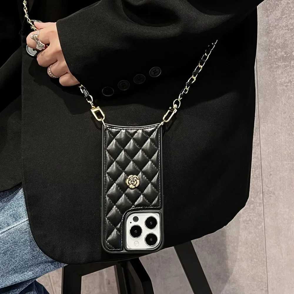 Luxury Quilted Faux Leather Crossbody Case For iPhone 15 Plus 14 13 12 Pro Max | Camellia Charm with Shoulder LanyardT260305