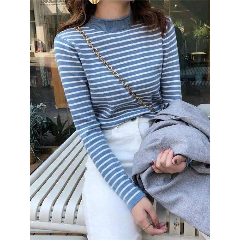 Autumn Winter Women Mock neck Sweaters Pullover Tops Fashion Female Skinny Elastic Long Sleeve Casual Striped Knitted Shirts XJ260305