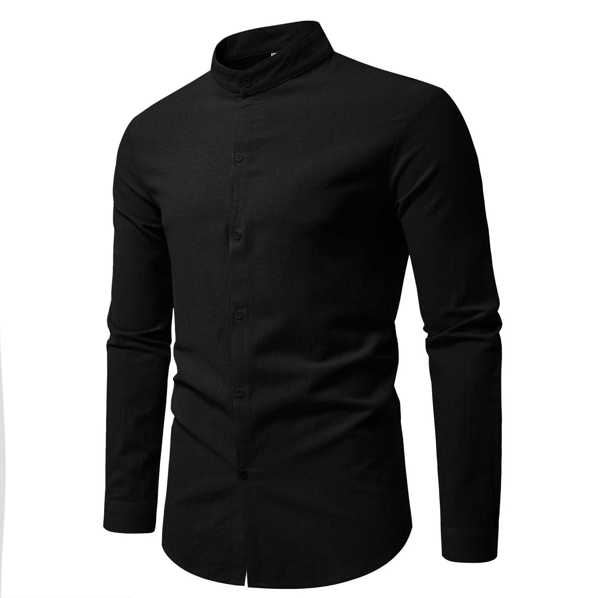 Spring Mens Long Sleeve Stand Collar Solid Color Casual Shirt Mens Pure Cotton Fashion Cardigan M260305