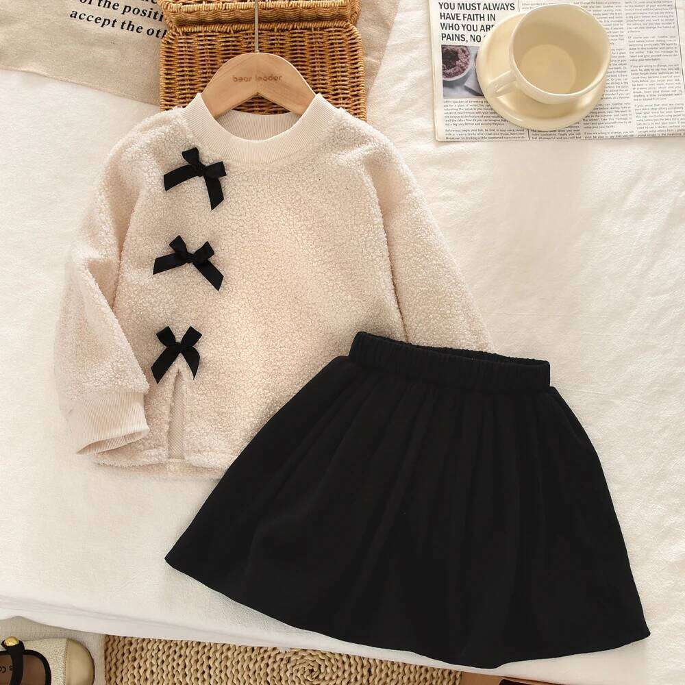 Bear Leader Autumn Winter Korean Version Beige Girls' Set Casual Kids Clothes Bow Fleece Long Sleeved Top + Black Short Skirt Z260304