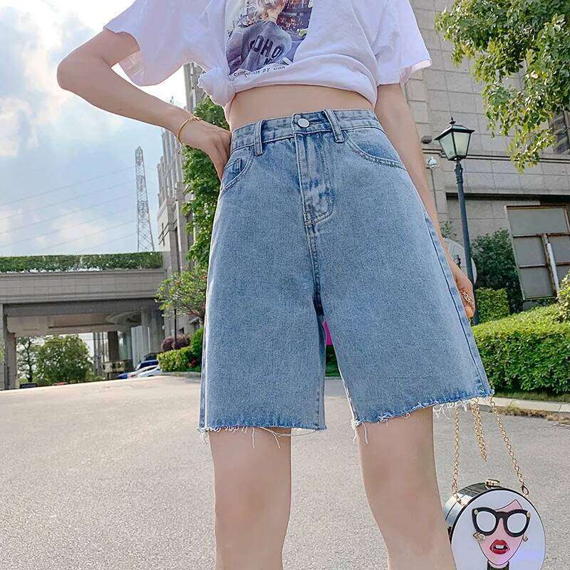 Mid-length Style Jeans,Women's New Summer Thin Casual Loose Wide-leg Pants.Stylish Rough Selvedge High Waist Ripped Short Jeans XJ260305