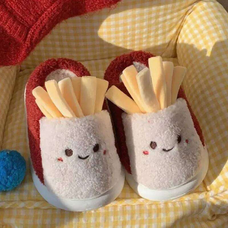 Cute French Fries Indoor Cotton Slippers For Women Men Autumn Winter House Shoes Soft Plush Anti-slip Couples Home Floor Slides