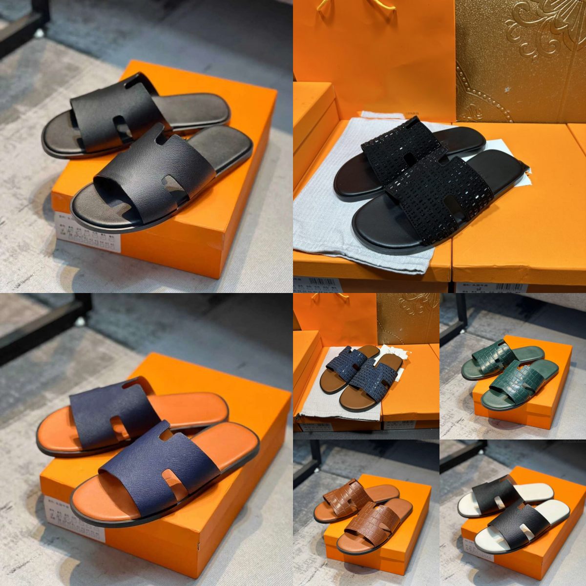 Designer Izmir Sandals Men Leather Slippers Luxury Mens Flat Slides Flip Flop Summer Beach Casual vacation Fashion sandal With box Size 39-46