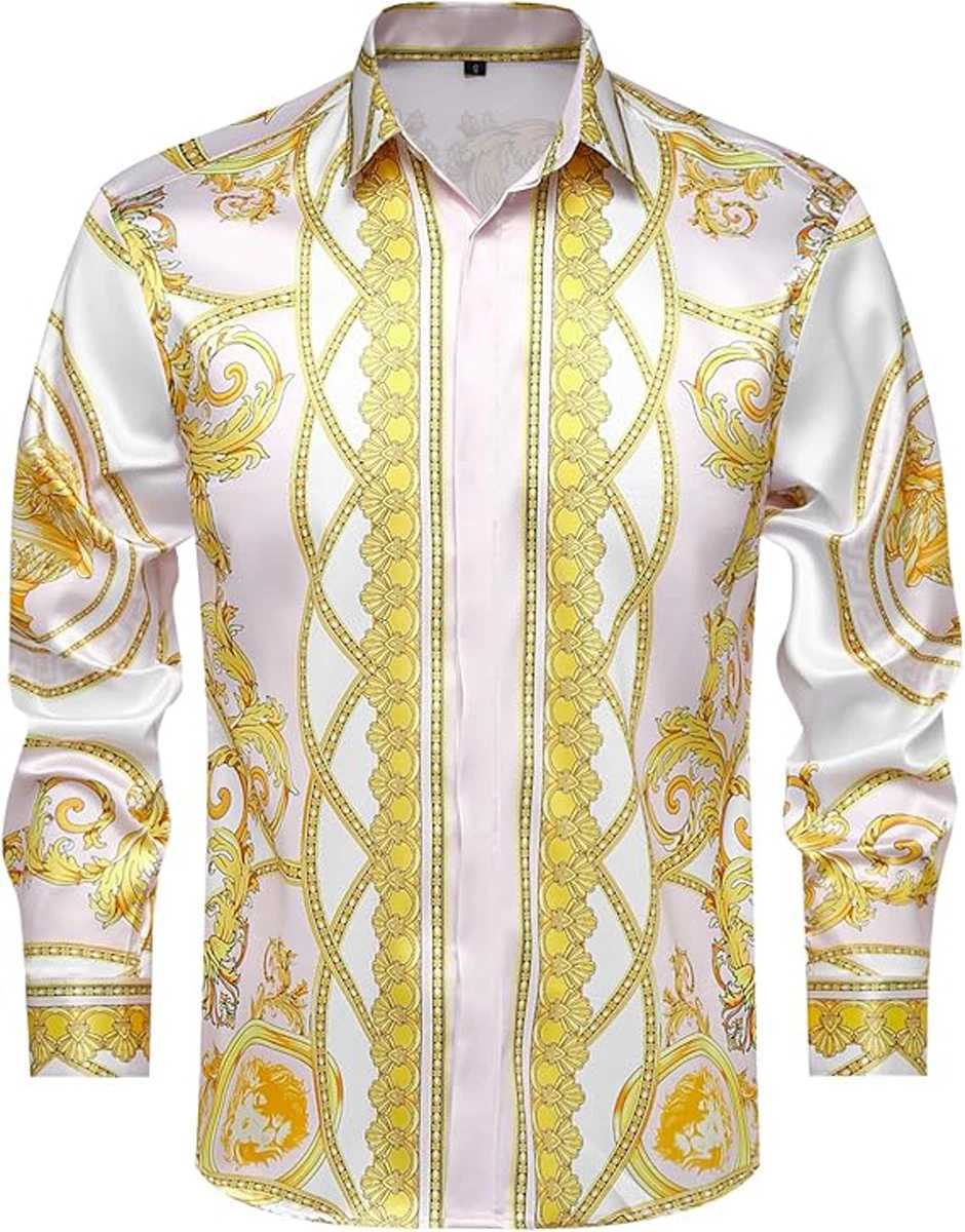 Mens RETRO Noble Gold Chain 3D Printed Shirt Hawaiian Casual Vacation Long-sleeved Lapel Performance CloTHing for Men M260305