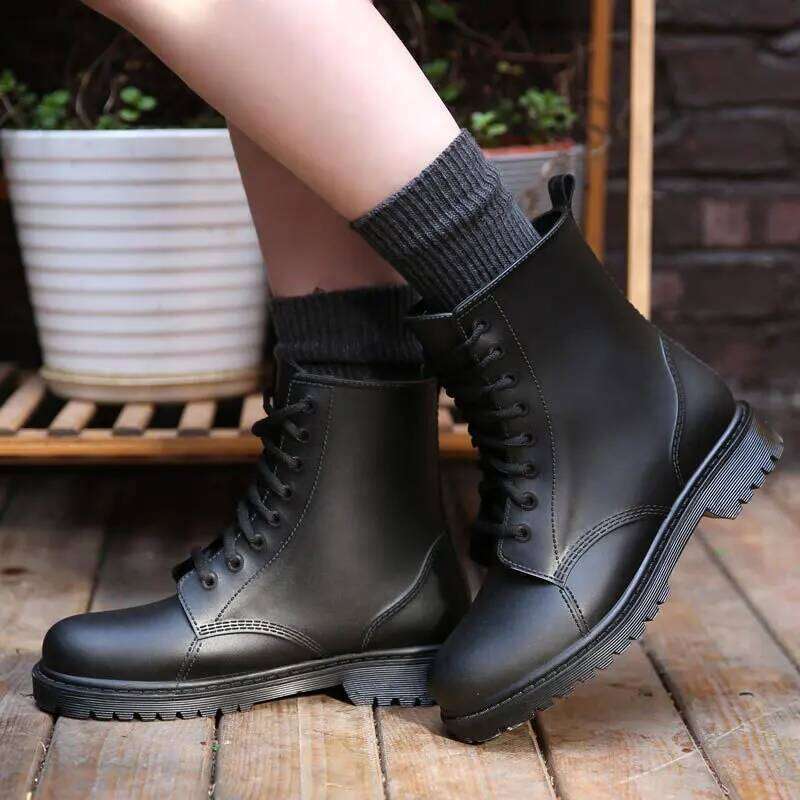 Fashion Women Rain Boots Waterproof Woman Square Heel Rubber Shoes Female Lace-up PVC Ankle Boot Ladies Platform Botas
