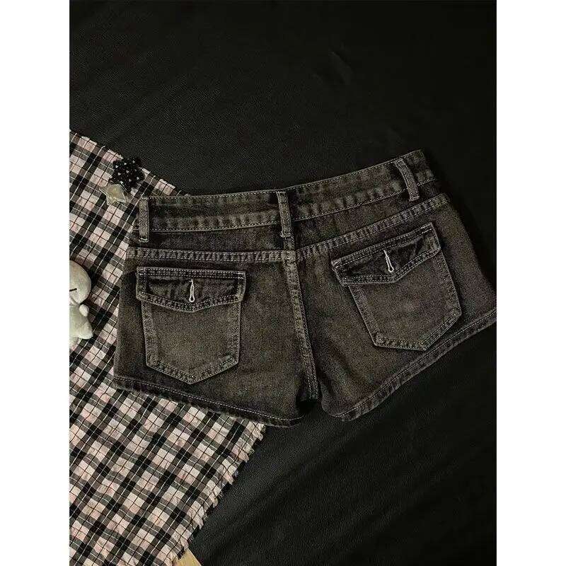 2026 Summer New Cute Diamond Denim Low Waist Super Female Slim Black Gray Tight Y2k Shorts Hot Pants XJ260305