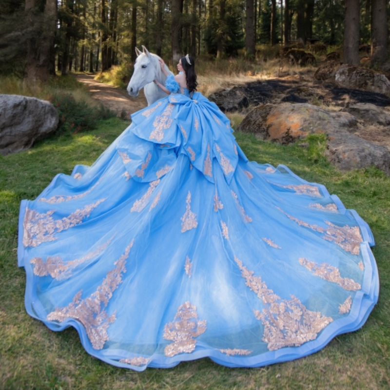 Blue Shiny Quinceanera Dresses Ball Gown Off The Shoulder Applique Lace Beading Crystal Bow Tull Corset Party Birthday Sweet 16 Dress Vestidos 15 De A