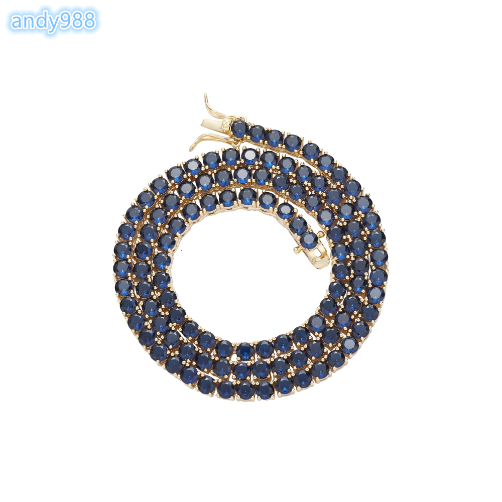 BC206 4mm 16 18 20 Brass Blue Moissanite Tennis Chain Necklace Hip Hop Bling Jewelry Moissanite VVS Tennis Chain Iced Out