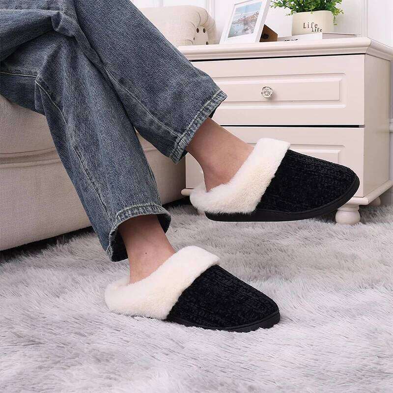 Kidmi Women's Comfortable Chenille Textured Woven Side-seam Semi-covered Cotton Washable Women Winter Slippers