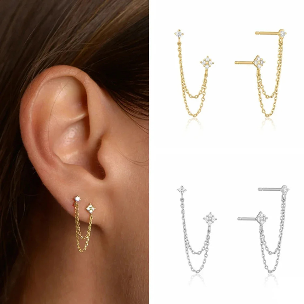 Arrival Double Ear Studs Tassel Chains Hanging Earrings for Women Ear Piercing 3 Metal Color CZ Jewelry 260303