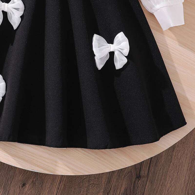 Elegant Semi-Sheer Long Sleeve Lapel Combo Dress for Girls Summer 4-7 Black Knee Length Skirt with Sweet Bow Detail Z260304
