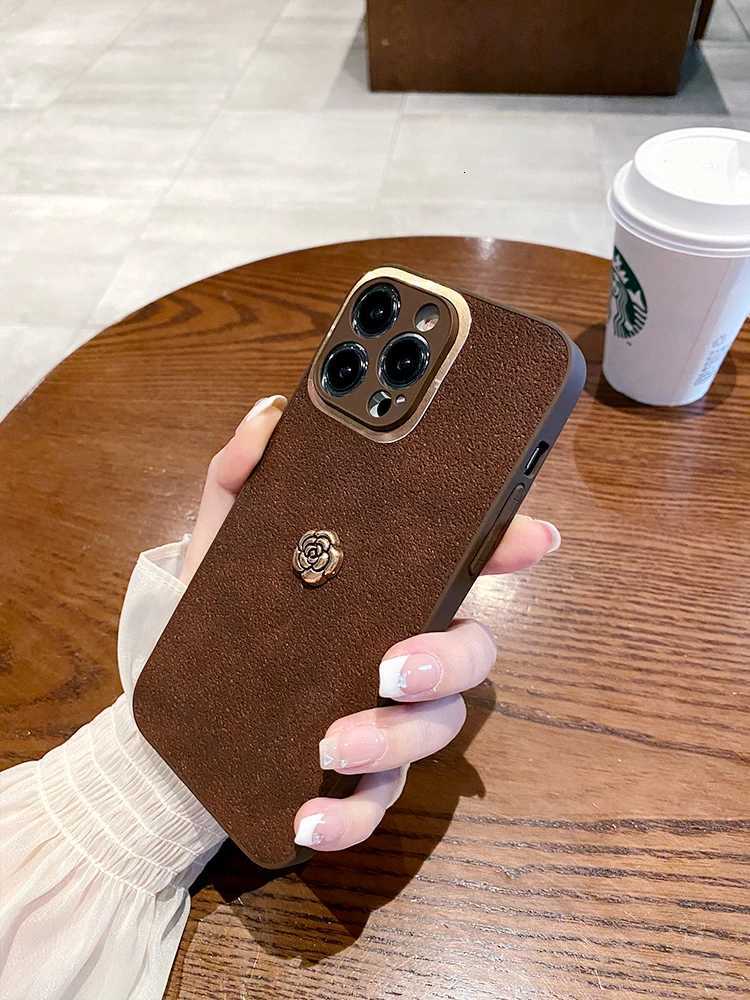 Luxury Suede Leather Metal Camellia Phone Case For iPhone 16 15 14 13 12 11 Pro Max X XS XR 16 Plus | Premium Fashion CoverT260305
