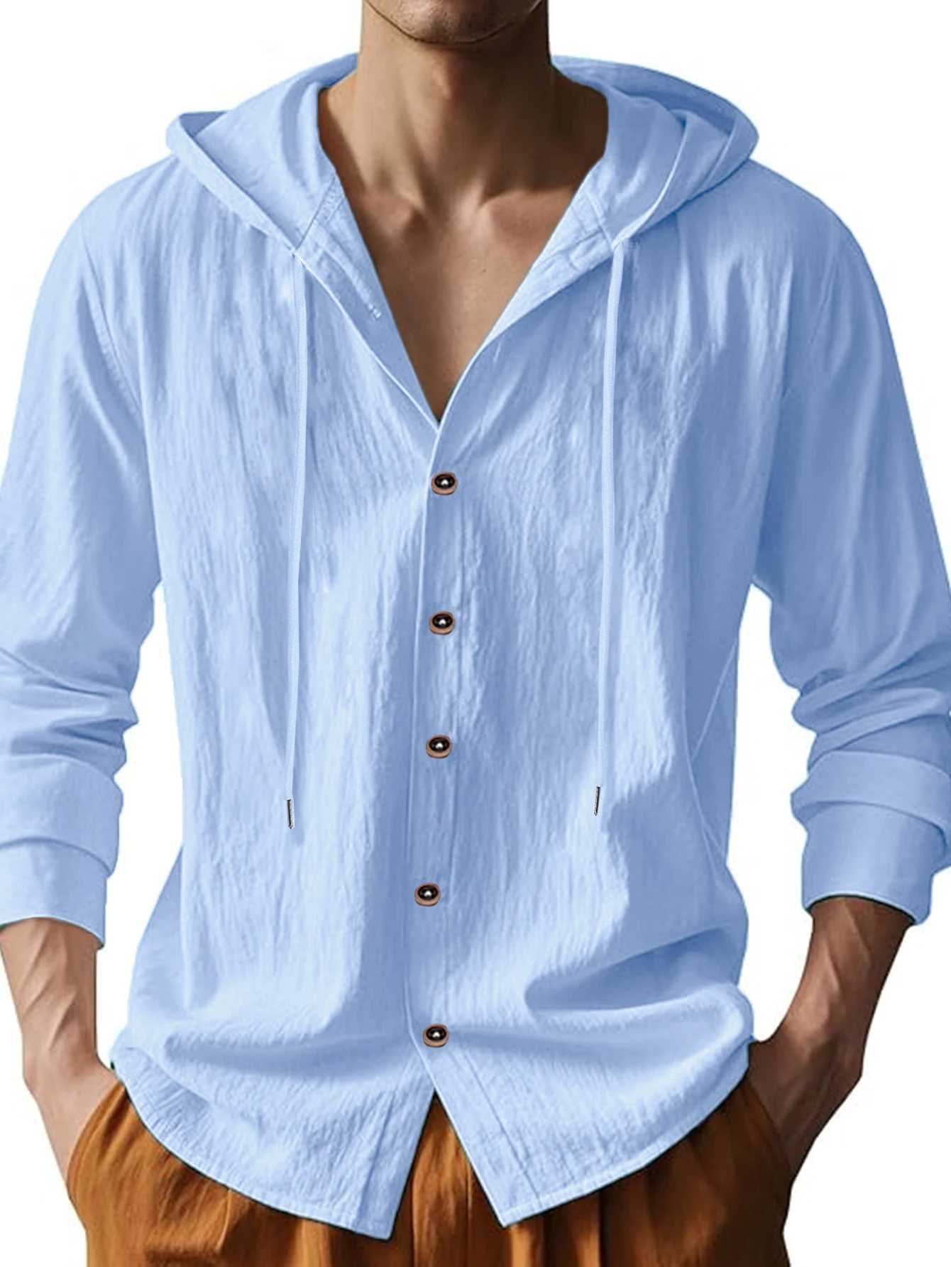 Mens Cotton Linen Long Sleeve Shirt Breathable Summer Spring Casual Button Up Lightweight Hawaiian Beach Top Hoodie T-Shirt New M260305
