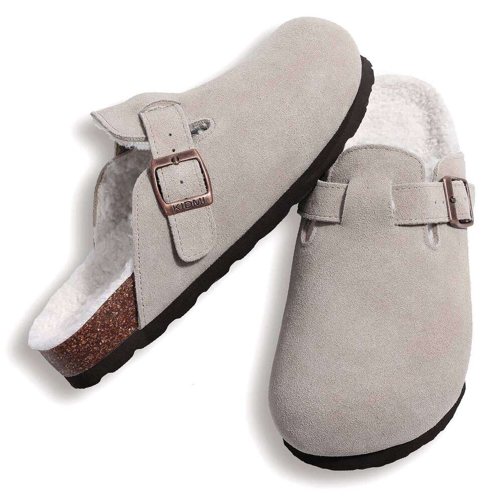 Kidmi Winter Suede Fashion Fuzzy Cork Clogs Shoes Casual Antiskid Fur Slippers With Arch Support Men Mules