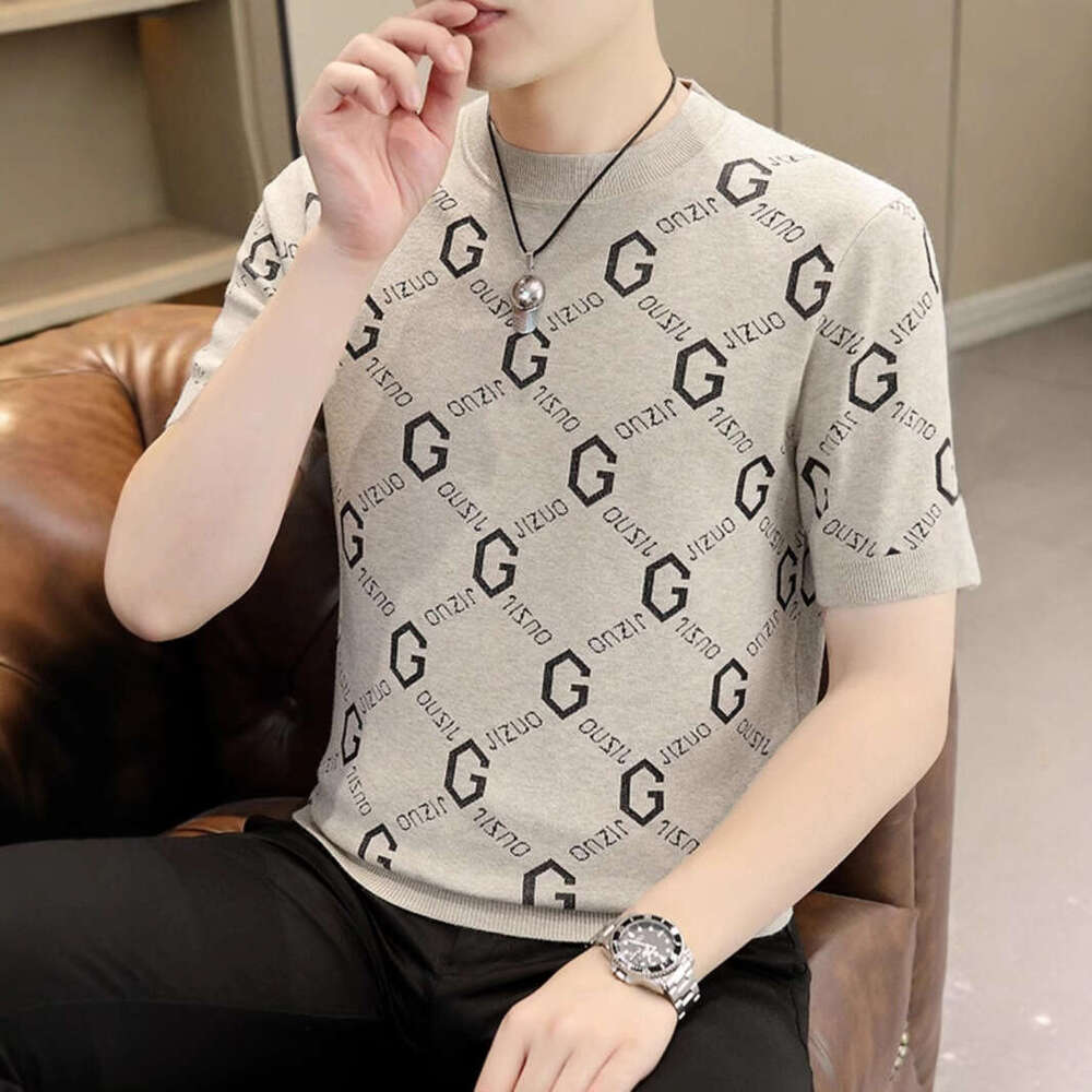 Men's short-sleeved knit sweater, spring and autumn trendy slim-fit round-neck half-sleeve base shirt, casual versatile warm sweater
