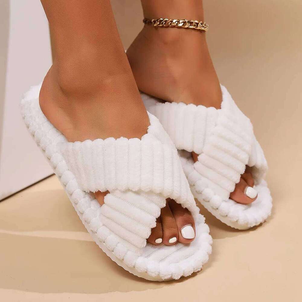 Fashion Corduroy Cross Band Open Toe Home Slippers Women Spring Summer Cotton Shoes Anti-slip Ladies Bedroom Soft Sole Slides
