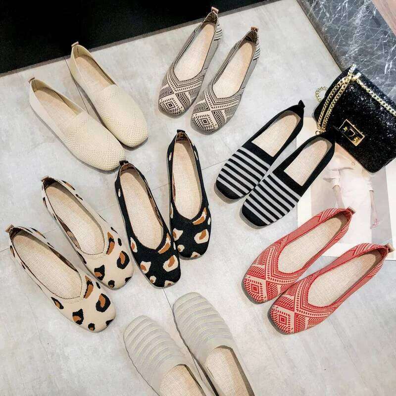 Spring and Autumn Fashion Leisure Women's Flat Square Toe Knitting Elastic Comfortable Slip-on Boutique Shoes