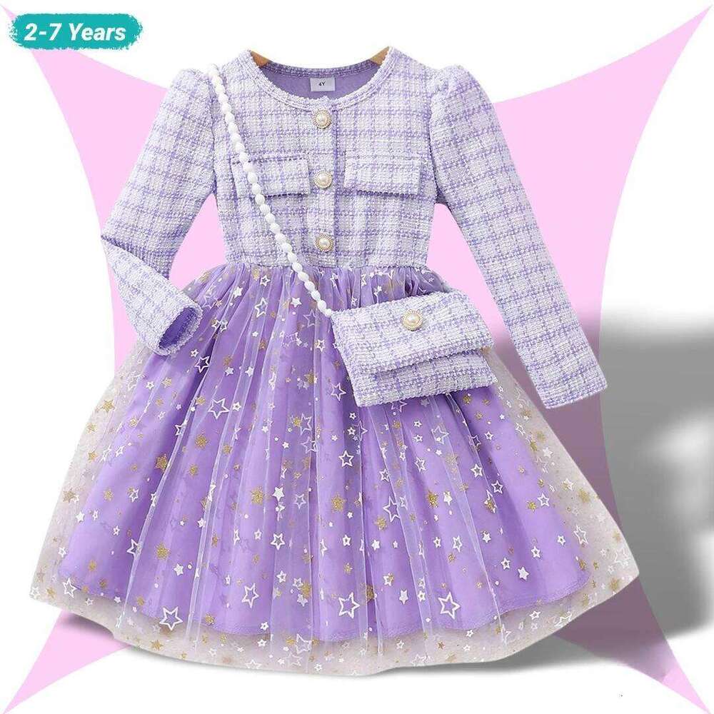 New Autumn Winter Dress for Kids Girl Clothes Children Party Dresses Purple Plaid Long Sleeve Button Outfit 8-12 Years Old Z260304