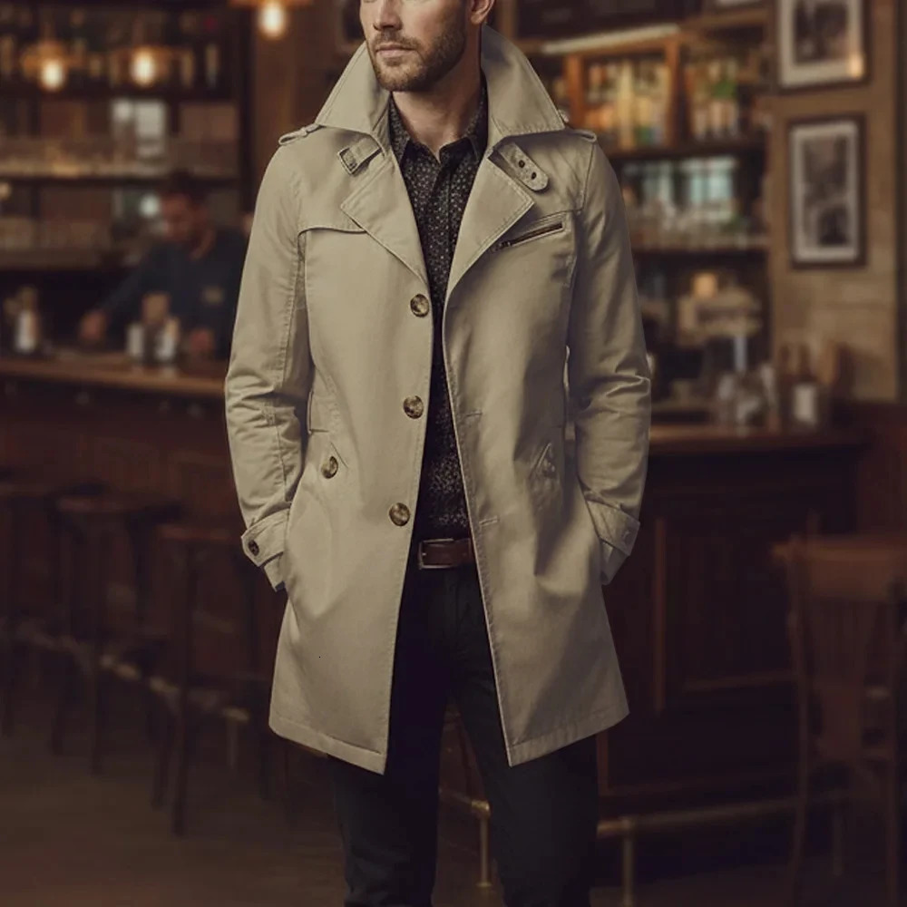 Mens Slim Notched Collar Single Breasted Cotton Jacket Office Casual Business Trench Coat 260302