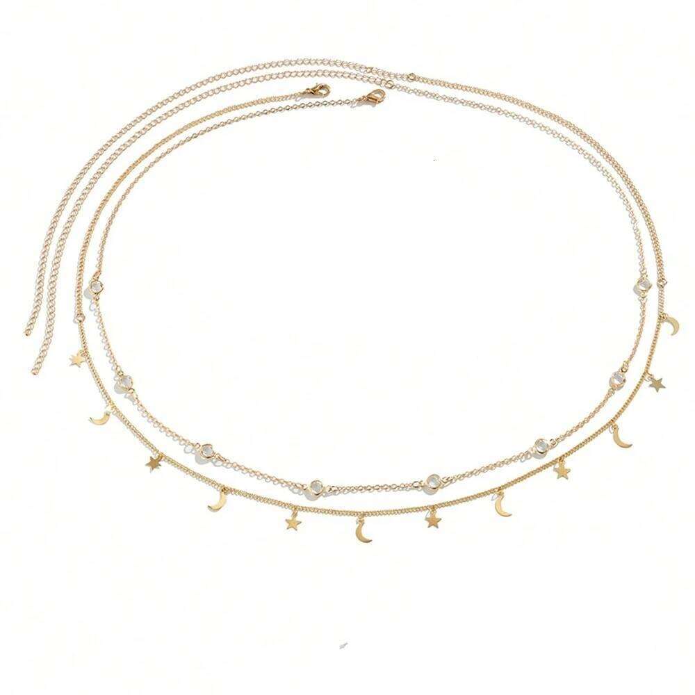 2 Pcs Fashion Simple Jewelry Sexy Rhinestone Gold Color Star Moon Tassel Belly Chains For Waist S260304