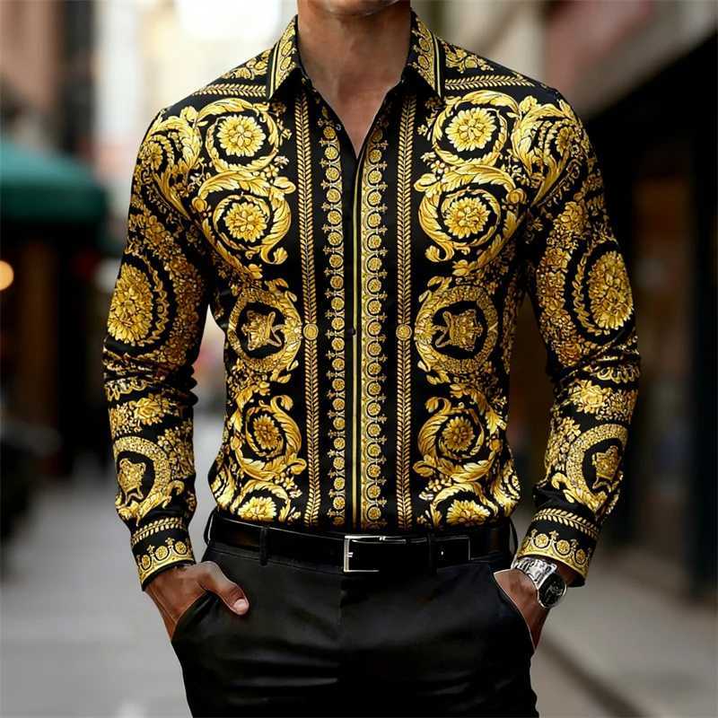 Mens Shirt Baroque Style Gold Pattern Long Sleeve Shirt Fashion Slim HD Print Shirt Hot Sale XS-6XL M260305