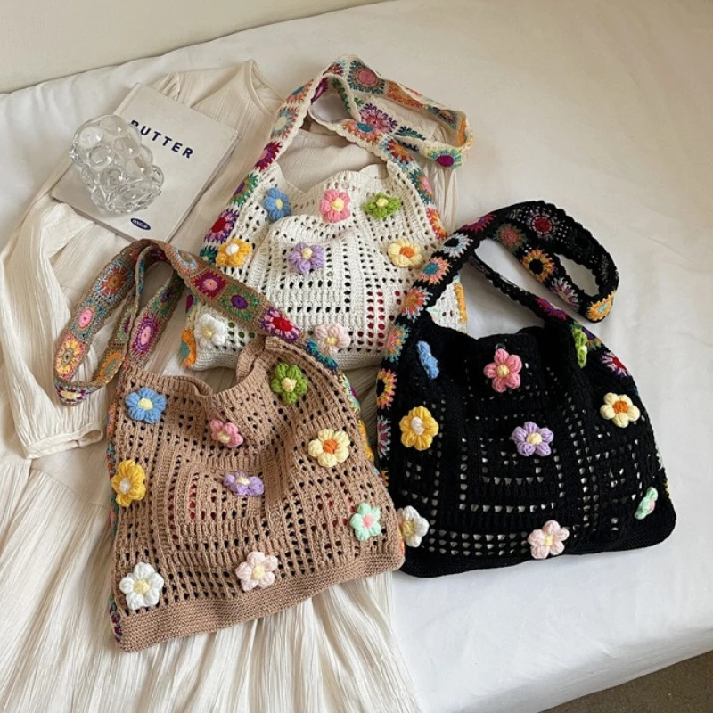 Womens Boho Crochet Bag Flowers Knitted Handbags Large Capacity Summer Beach Woven Shoulder Bag Girls Tote Shopper Bag 260303