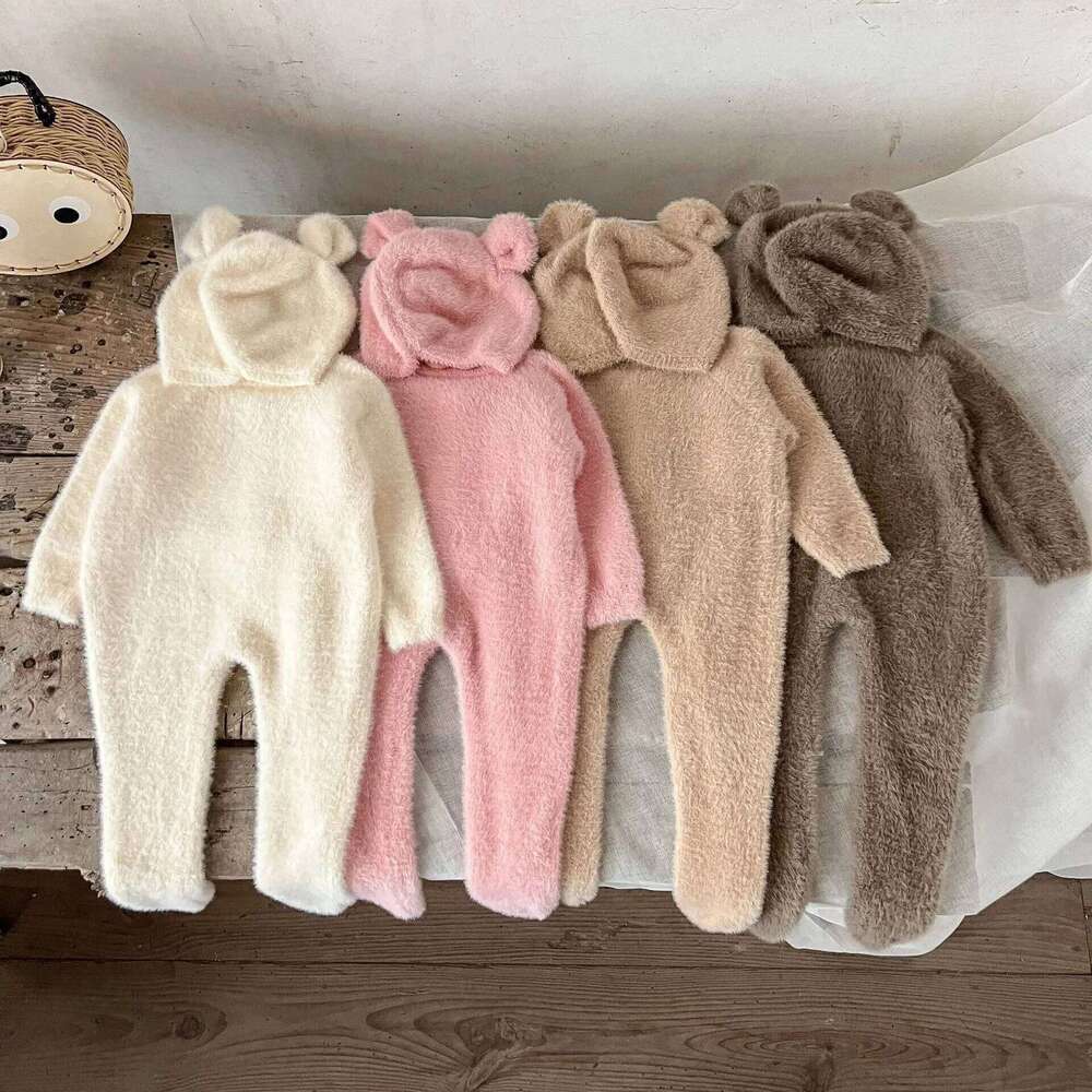 2025 Autumn Winter New in Kids Baby Girls Boys Cute Clothing Set , Toddler Infant Mink Fur Solid Color Footbinding Romper + Hat Z260304