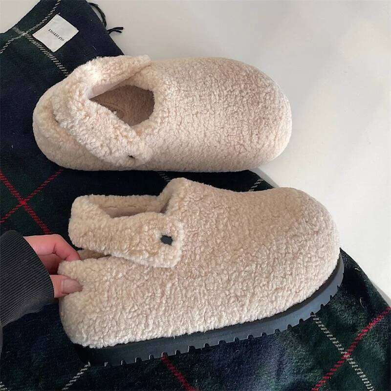 Faux Fur Platform Slippers For Women Winter Fluffy Soft Plush Thick Sole Height Increasing Female Indoor Street Shoes