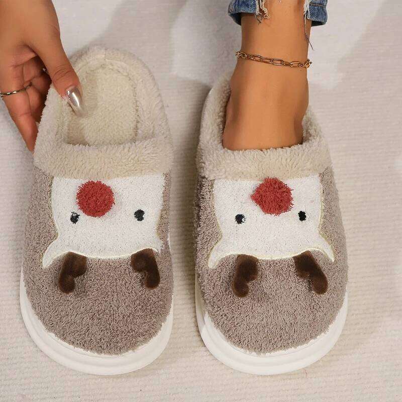 Kidmi Women's New Soft Plush Warmed Fleece Thickened Cotton Slippers Popular Deer Antler Pattern Cartoon Shoes