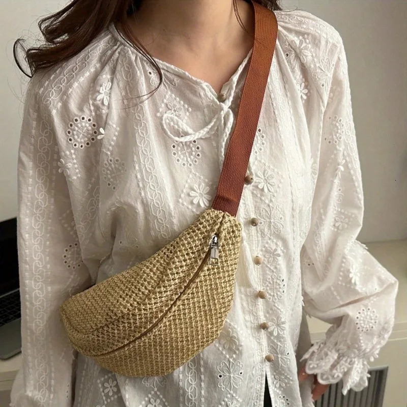 Woven Crossbody Bag Light Bohemian Waist Bag with Zipper Breathable Fabric Lining Golden Hardware Beige Brown Leather Bag 260303