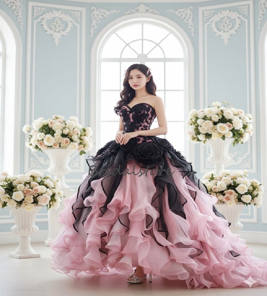 Luxury Pink And Black Wedding Dress Rococo Victorian Ruffles Tiered Gothic Bridal Gowns 2026 Costume Church Country Bride Dress Halloween Vestio De No
