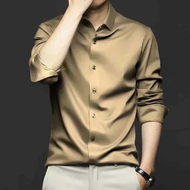 6XL Mens dress black shirts long-sleeved Oversize wrinkle-proof non-ironed solid color business casual ice silk M260305