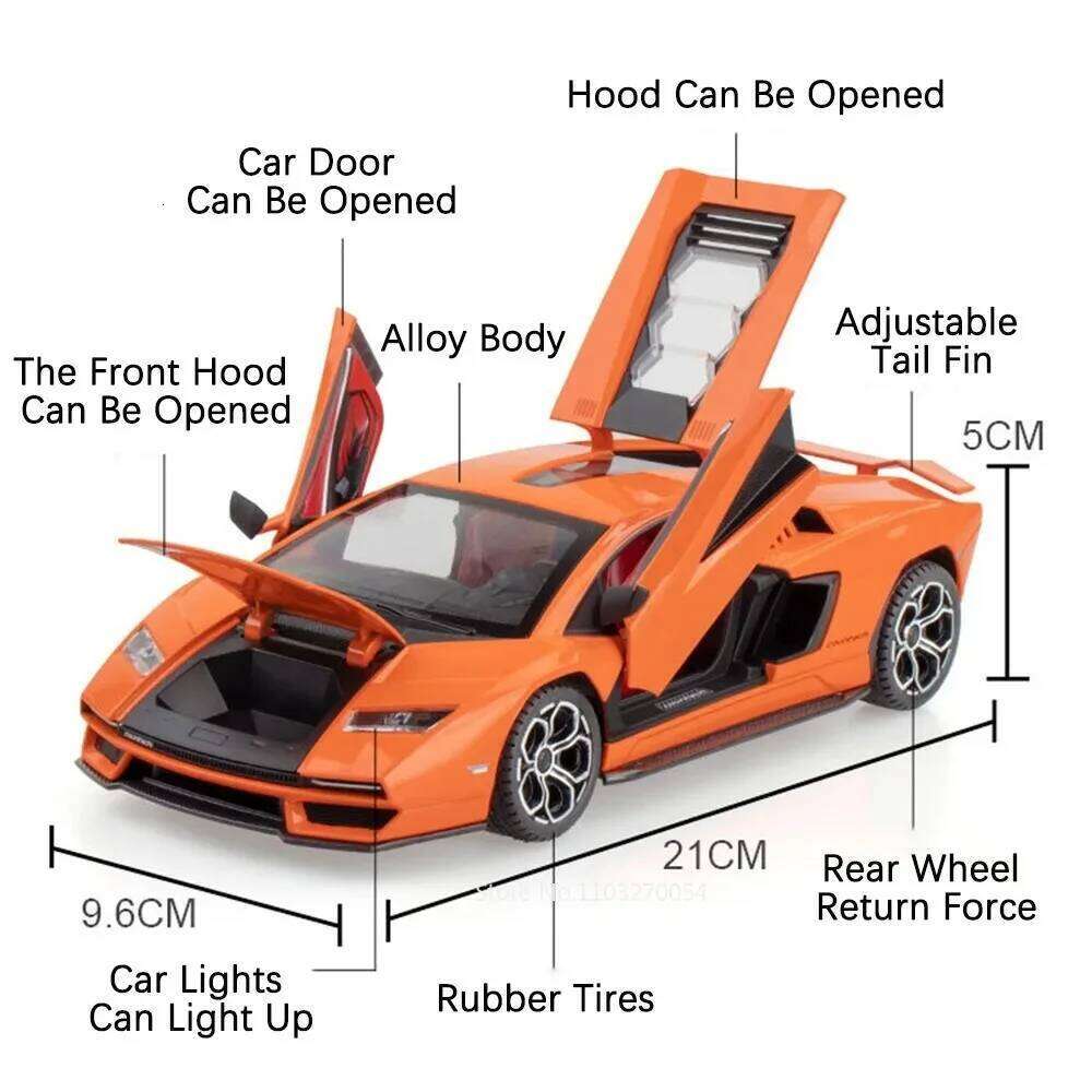 1:24 Countach LPI 800-4 Revuelto Car Alloy Toys Model Diecast Sportscar Doors Opened Pull Back Sound Light Rubber Tires Kid Gift C260305