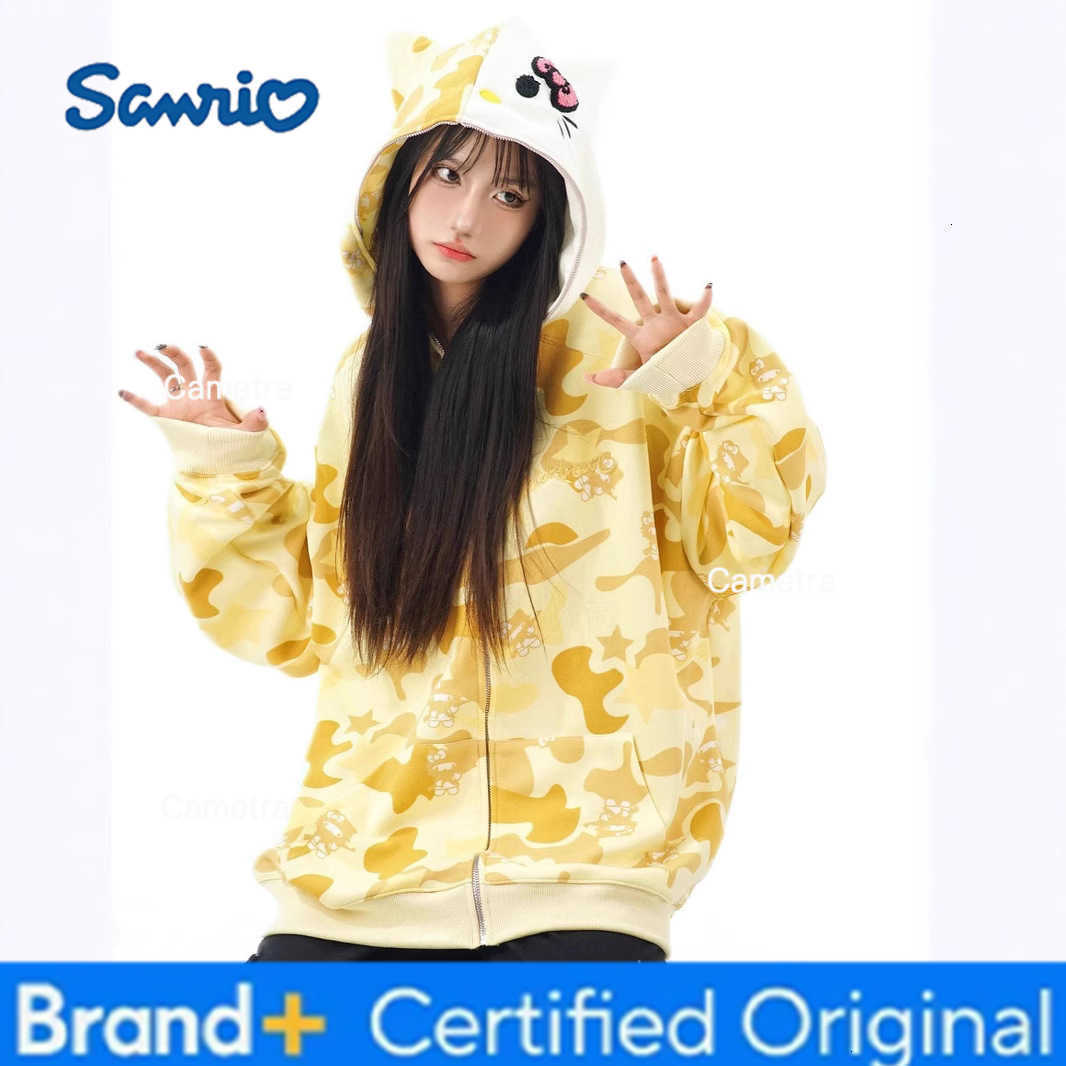 Sanrio Cotton American-style vintage camouflage cardigan, Kitty Cat hoodie, women's loose and lazy style oversized coat H251120