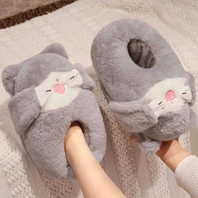 Women Home Floor Fluffy Slippers Winter Warm Cute Cartoon Animals Soft Faux Fur Couples Indoor House Bedroom Cotton Shoes