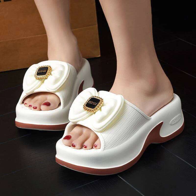 Kidmi EVA High-value Versatile Womens Round Head Slippers Summer New Fashion Thick-soled Elevated Bow Flip-flops
